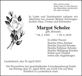 Traueranzeige von Margot Scholze von Giessener Allgemeine, Alsfelder Allgemeine