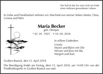 Traueranzeige von Maria Becker von Giessener Allgemeine, Alsfelder Allgemeine
