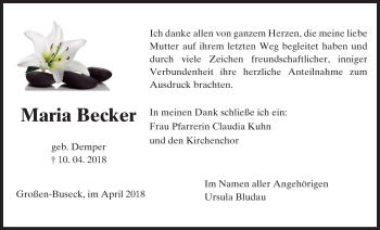 Traueranzeige von Maria Becker von Giessener Allgemeine, Alsfelder Allgemeine
