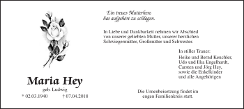 Traueranzeige von Maria Hey von Wetterauer Zeitung, Wetterauer Zeitung