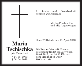 Traueranzeige von Maria Tschischka von Wetterauer Zeitung, Wetterauer Zeitung