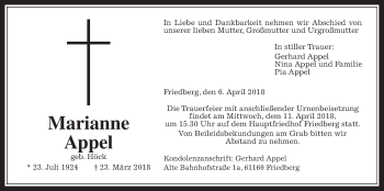 Traueranzeige von Marianne Appel von Wetterauer Zeitung, Wetterauer Zeitung