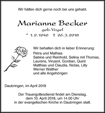 Traueranzeige von Marianne Becker von Giessener Allgemeine, Alsfelder Allgemeine