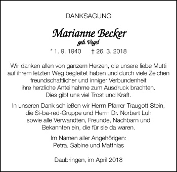 Traueranzeige von Marianne Becker von Giessener Allgemeine, Alsfelder Allgemeine