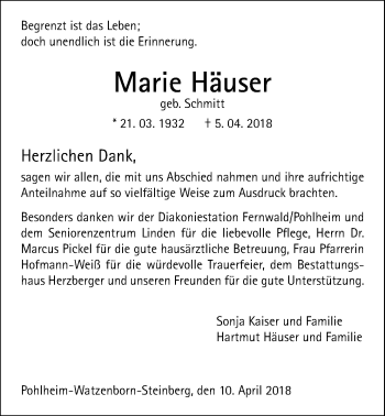 Traueranzeige von Marie Häuser von Pohlheimer Nachrichten