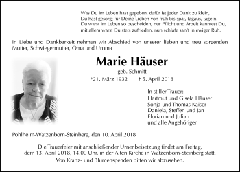 Traueranzeige von Marie Häuser von Giessener Allgemeine, Alsfelder Allgemeine