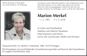 Traueranzeige von Marion Merkel von Giessener Allgemeine, Alsfelder Allgemeine