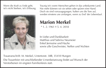 Traueranzeige von Marion Merkel von Licher Wochenblatt, Licher Wochenblatt, Licher Wochenblatt