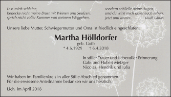 Traueranzeige von Martha Hölldorfer von Licher Wochenblatt, Licher Wochenblatt, Licher Wochenblatt
