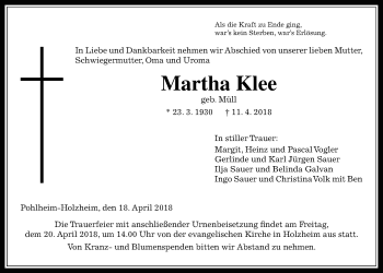 Traueranzeige von Martha Klee von Giessener Allgemeine, Alsfelder Allgemeine