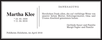 Traueranzeige von Martha Klee von Giessener Allgemeine, Alsfelder Allgemeine