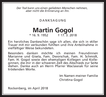 Traueranzeige von Martin Gogol von Wetterauer Zeitung, Wetterauer Zeitung