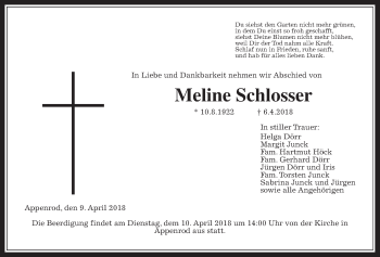 Traueranzeige von Meline Schlosser von Alsfelder Allgemeine