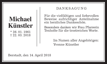 Traueranzeige von Michael Künstler von Wetterauer Zeitung, Wetterauer Zeitung