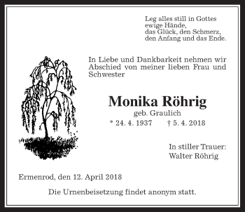 Traueranzeige von Monika Röhrig von Alsfelder Allgemeine