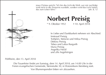 Traueranzeige von Norbert Preisig von Giessener Allgemeine, Alsfelder Allgemeine