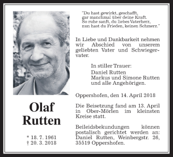 Traueranzeige von Olaf Rutten von Wetterauer Zeitung, Wetterauer Zeitung