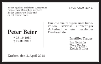 Traueranzeige von Peter Beier von Wetterauer Zeitung, Wetterauer Zeitung