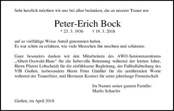 Traueranzeige von Peter-Erich Bock von Giessener Allgemeine, Alsfelder Allgemeine