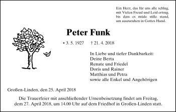 Traueranzeige von Peter Funk von Giessener Allgemeine, Alsfelder Allgemeine