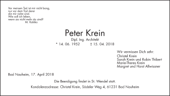 Traueranzeige von Peter Krein von Wetterauer Zeitung, Wetterauer Zeitung