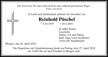 Traueranzeige von Reinhold Püschel von Licher Wochenblatt, Licher Wochenblatt, Licher Wochenblatt