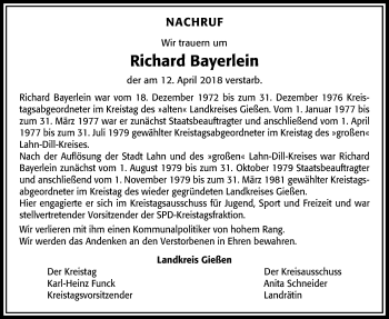 Traueranzeige von Richard Bayerlein von Licher Wochenblatt, Licher Wochenblatt, Licher Wochenblatt