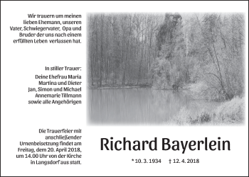 Traueranzeige von Richard Bayerlein von Licher Wochenblatt, Licher Wochenblatt, Licher Wochenblatt