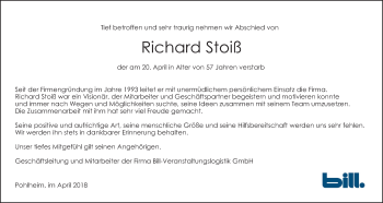 Traueranzeige von Richard Stoiß von Giessener Allgemeine, Alsfelder Allgemeine