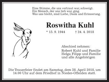 Traueranzeige von Roswitha Kuhl von Giessener Allgemeine, Alsfelder Allgemeine