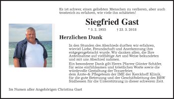 Traueranzeige von Siegfried Gast von Wetterauer Zeitung, Wetterauer Zeitung