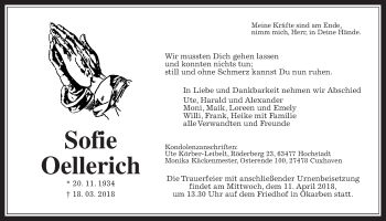 Traueranzeige von Sofie Oellerich von Wetterauer Zeitung, Wetterauer Zeitung