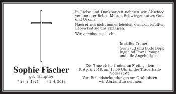 Traueranzeige von Sophie Fischer von Wetterauer Zeitung, Wetterauer Zeitung