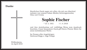 Traueranzeige von Sophie Fischer von Wetterauer Zeitung, Wetterauer Zeitung