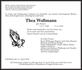 Traueranzeige von Thea Wollmann von Wetterauer Zeitung, Wetterauer Zeitung