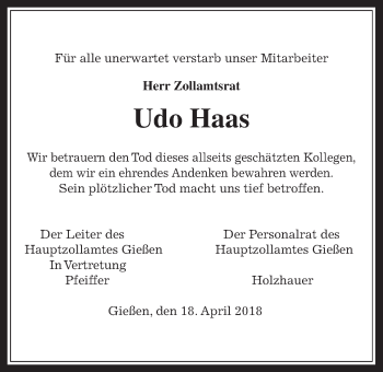 Traueranzeige von Udo Haas von Giessener Allgemeine, Alsfelder Allgemeine