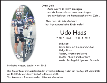 Traueranzeige von Udo Haas von Giessener Allgemeine, Alsfelder Allgemeine