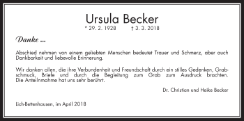 Traueranzeige von Ursula Becker von Giessener Allgemeine, Alsfelder Allgemeine, Wetterauer Zeitung, Wetterauer Zeitung