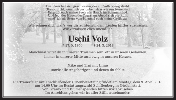 Traueranzeige von Uschi Volz von Giessener Allgemeine, Alsfelder Allgemeine