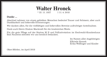 Traueranzeige von Walter Hronek von Wetterauer Zeitung, Wetterauer Zeitung