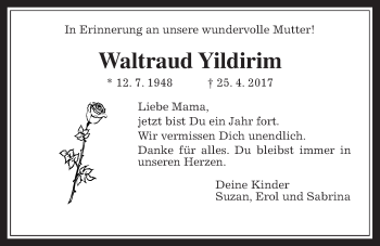 Traueranzeige von Waltraud Yildirim von Wetterauer Zeitung, Wetterauer Zeitung