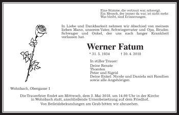 Traueranzeige von Werner Fatum von Wetterauer Zeitung, Wetterauer Zeitung