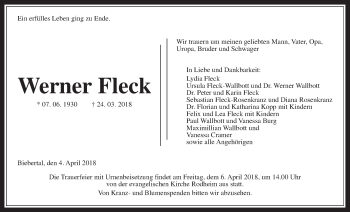 Traueranzeige von Werner Fleck von Giessener Allgemeine, Alsfelder Allgemeine