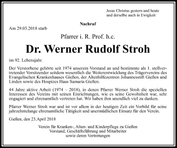 Traueranzeige von Werner Rudolf Stroh von Giessener Allgemeine, Alsfelder Allgemeine