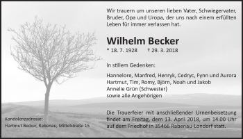 Traueranzeige von Wilhelm Becker von Giessener Allgemeine, Alsfelder Allgemeine