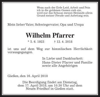 Traueranzeige von Wilhelm Pfarrer von Giessener Allgemeine, Alsfelder Allgemeine
