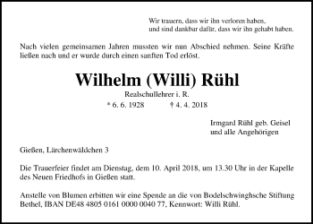 Traueranzeige von Wilhelm Rühl von Giessener Allgemeine, Alsfelder Allgemeine