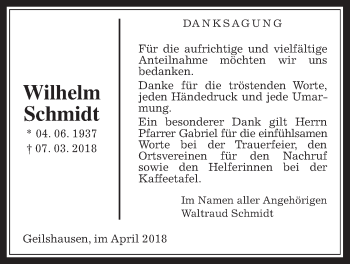 Traueranzeige von Wilhelm Schmidt von Rabenauer Zeitung