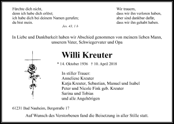 Traueranzeige von Willi Kreuter von Wetterauer Zeitung, Wetterauer Zeitung
