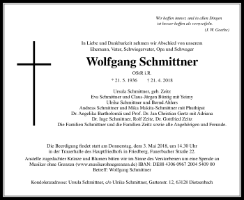 Traueranzeige von Wolfgang Schmittner von Wetterauer Zeitung, Wetterauer Zeitung